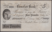 Beverley Bank, for Machell, Pease & Liddell, unissued £5, 1 February 1832, without serial number, no signature,...