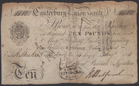 Canterbury Union Bank, for Halford, Baldock & Snoulten, £10, 4 August 1838, serial number 1810, split and rejoined,...
