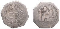 Charles I (1625-1649), Pontefract, Shilling, 1648, type 1, thicker lettering, large c r, rev. castle gateway, obs to...