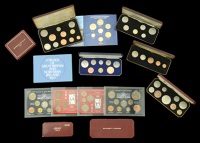 Elizabeth II, currency sets, 1953 (3, two plastic sets, third with two coins missing) 1962, 1964, 1965 (2), 1966...