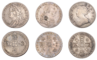 Anne, Shilling, 1705, second bust, roses and plumes (ESC 1393; S 3589); George II, Shilling, 1758 (ESC 1734; S...