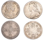 William III, Crown, 1695, first bust, edge septimo (ESC 990; S 3470); George II, Crown, 1736, roses and plumes, edge...