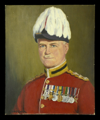 A framed portrait of a Guards Division Staff Officer in No. 1 Dress, wearing a court mounted group of eight  medals...