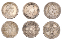 George I, Shillings (3), 1720, first bust, plain, 1723 ssc, second bust, 1725, roses and plumes (ESC 1572, 1591,...