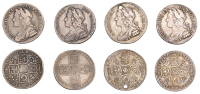 George II, Shillings (4), 1727, roses and plumes, 1728, plain, 1737, roses and plumes, 1739, roses (S 3698, 3699,...