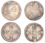 William III, Crown, 1696, third bust, edge octavo (ESC 1004; S 3472); Anne, Crown, 1708, second bust, edge septimo...