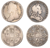 George I, Crowns (2), 1716, roses and plumes, edge secvndo (ESC 1540; S 3639); George II, Crown, 1743, roses, edge...