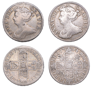 Anne, Halfcrowns (2), 1709, edge octavo, 1714, roses and plumes, edge decimo tertio (S 3604, 3607) [2]. Both fine or...