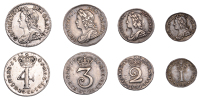 George II (1727-1760), Maundy ‘Set’, mixed dates, Fourpence, 1746, Threepence, 1746, Twopence, 1732, Penny, 1731...