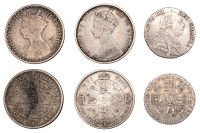 George III, Shilling, 1787, with semée of hearts (ESC 2129; S 3746); Victoria, Florins (2), both 1858, one reading...
