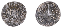 Scotland, Robert III, Halfpenny, Edinburgh, second issue, mm. cross potent, crowned facing bust, flat hair, low wide...