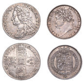 George II Shilling, 1758 (ESC 1734; S 3704); George IV, Shilling, 1824 (ESC 2400; S 3811) [2]. First good very fine,...
