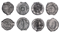 British Iron Age, CANTII, cast Potin Units (4), Striations Left type (2), outline head left, rev. outline bull...