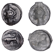 British Iron Age, CANTII, cast Potin Units (2), Birchington Bull type, head of Apollo left, rev. butting bull left,...