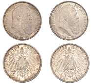 Germany, Bavaria, Luitpold, 3 Mark (2), both 1911d, 90th Birthday of Prince Luitpold, Munich (J 49; KM 998) [2]....