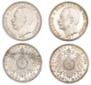 Germany, Baden, Friedrich II, 3 Mark (2), 1908g, 1914g, both Karlsruhe (J 39; KM 280) [2]. Both extremely fine or...