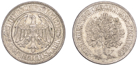 Germany, Weimar Republic, 5 Reichsmark, 1927f, Oak Tree, Stuttgart (Dav. 966; J 331; KM 56). Toned, extremely fine	...