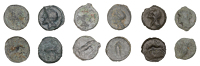 British Iron Age, CANTII, cast Potin Unit, Thurrock Chicken Head type, bird-like head of Apollo left, with open...