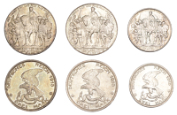 Germany, Prussia, Wilhelm II, 3 Mark (2) and 2 Mark, all 1913a, Defeat of Napoleon, Berlin (J 109, 110; KM 532, 534)...