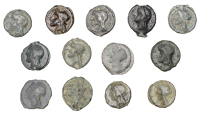 British Iron Age, CANTII, cast Potin Units (13), Thurrock MA type, head of Apollo left, rev. bull butting left or...