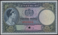 Grand-Duche de Luxembourg, colour trial 50 Francs, ND (1944), without serial number, red SPECIMEN overprint and...