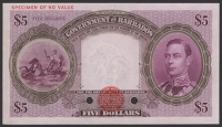 Government of Barbados, colour trial $5, ND (1939), without serial number or signature, green and purple, red...