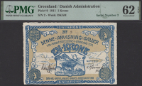 Greenland, Danish Administration, 1 Ore, 1911, serial number 2, in PMG holder 62 EPQ, uncirculated, a superb...