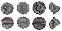 British Iron Age, CANTII, cast Potin Unit, Degraded type, degraded head of Apollo right, rev. degraded bull, pattern...