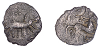 British Iron Age, ICENI, Uninscribed issues, silver Unit, Freckenham Boar type, chunky boar right, single rear leg,...
