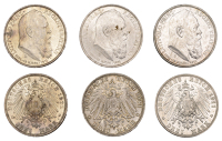 Germany, Bavaria, Luitpold, 3 Mark (3), all 1911d, 90th Birthday of Prince Luitpold, Munich (J 49; KM 998) [3]. One...