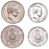 Germany, Saxony, Friedrich August III, 5 Mark, 1914e, 3 Mark, 1910e, both Dresden (Dav. 905; J 135, 136; KM 1266,...