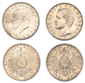 Germany, Bavaria, Otto, 3 Mark, 1908d, Munich (J 47; KM 996); Ludwig III, 3 Mark, 1914d, Munich (J 52; KM 1005) [2]....