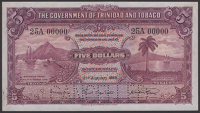 Government of Trinidad and Tobago, specimen $5, 2 January 1939, serial number 25A00000, Huggins, dos Santos, and...