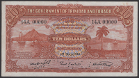 Government of Trinidad and Tobago, specimen $10, 1 May 1942, serial number 14A 00000, Wright, dos Santos and George...