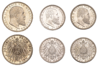 Germany, Württemberg, Wilhelm II, 3 Mark, 1909f, 2 Mark (2), 1899f, 1912f, all Stuttgart (J 174, 175; KM 631, 635)...