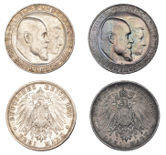 Germany, Württemberg, Wilhelm II, 3 Mark (2), both 1911f, Silver Wedding Anniversary, both Stuttgart (KM 636) [2]....