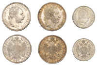 Austria, Franz Joseph I, Florins (2), 1870a, 1878a, Quarter-Florin, 1858a, all Vienna (KM 2213, 2221, 2222) [3]. All...