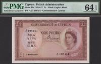 Government of Cyprus, £1, 1 March 1957, serial number A/21 198454, Mahony signature, in PMG holder 64, choice...