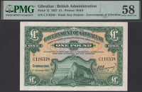 Government of Gibraltar, £1, 1 October 1927, serial number C116338, Walter Bowring signature, in PMG holder 58,...