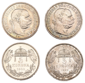 Hungary, Franz Joseph I, Proof Restrike 5 Korona (2), 1900kb, 1909kb up, Kremnica (KM 488) [2]. Both lustrous, much...