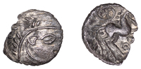 British Iron Age, ICENI, Uninscribed issues, silver Unit, Odin’s Eye type, male head right, herringbone hair,...