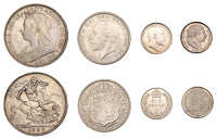 George III, Sixpence, 1816 (ESC 2191; S 3791); Victoria, Crown, 1897, edge lxi (ESC 2602; S 3937); Edward VII,...