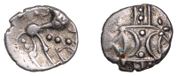British Iron Age, ICENI, Ecen (c. AD 10-43), silver Unit, Edn type, double crescent emblem on vertical wreath, rev....