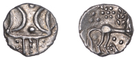 British Iron Age, ICENI, Ecen (c. AD 10-43), silver Unit, Symbol [Tricorne] type, double crescent emblem on vertical...