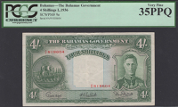Bahamas Government, 4 Shillings, ND (1947), serial number A/9 818604, Higgs, Latreille and Burnside signatures, in...