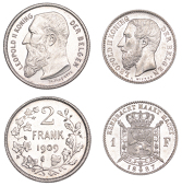 Belgium, Leopold II, 2 Francs, 1909, Franc, 1887, both Brussels (KM 29, 59) [2]. Both lustrous, good extremely fine	...