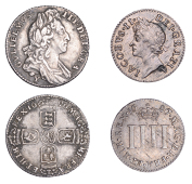 James II, Maundy fourpence, 1687/6 (S 3414); William III, Sixpence, 1696y, York, early harp (S 3525) [2]. First good...