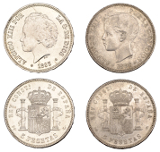 Spain, Alfonso XIII, 5 Pesetas (2), 1893, 1898 (KM 700) [2]. The first cleaned, both otherwise about extremely...
