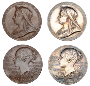 Victoria, Diamond Jubilee, 1897, medals by G.W. de Saulles in silver and bronze, veiled bust left, rev. young head...