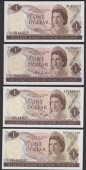 Reserve Bank of New Zealand, $1 (4), ND (1967-77), prefixes 0A, K06, C25, and K25, Fleming, Wilks, Knight, and...